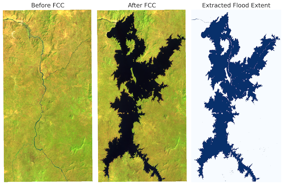 A three-panel image comparing the Grand Ethiopian Renaissance Dam reservoir area before and after flooding using False Color Composites, alongside a third map highlighting the extracted flood extent in blue.