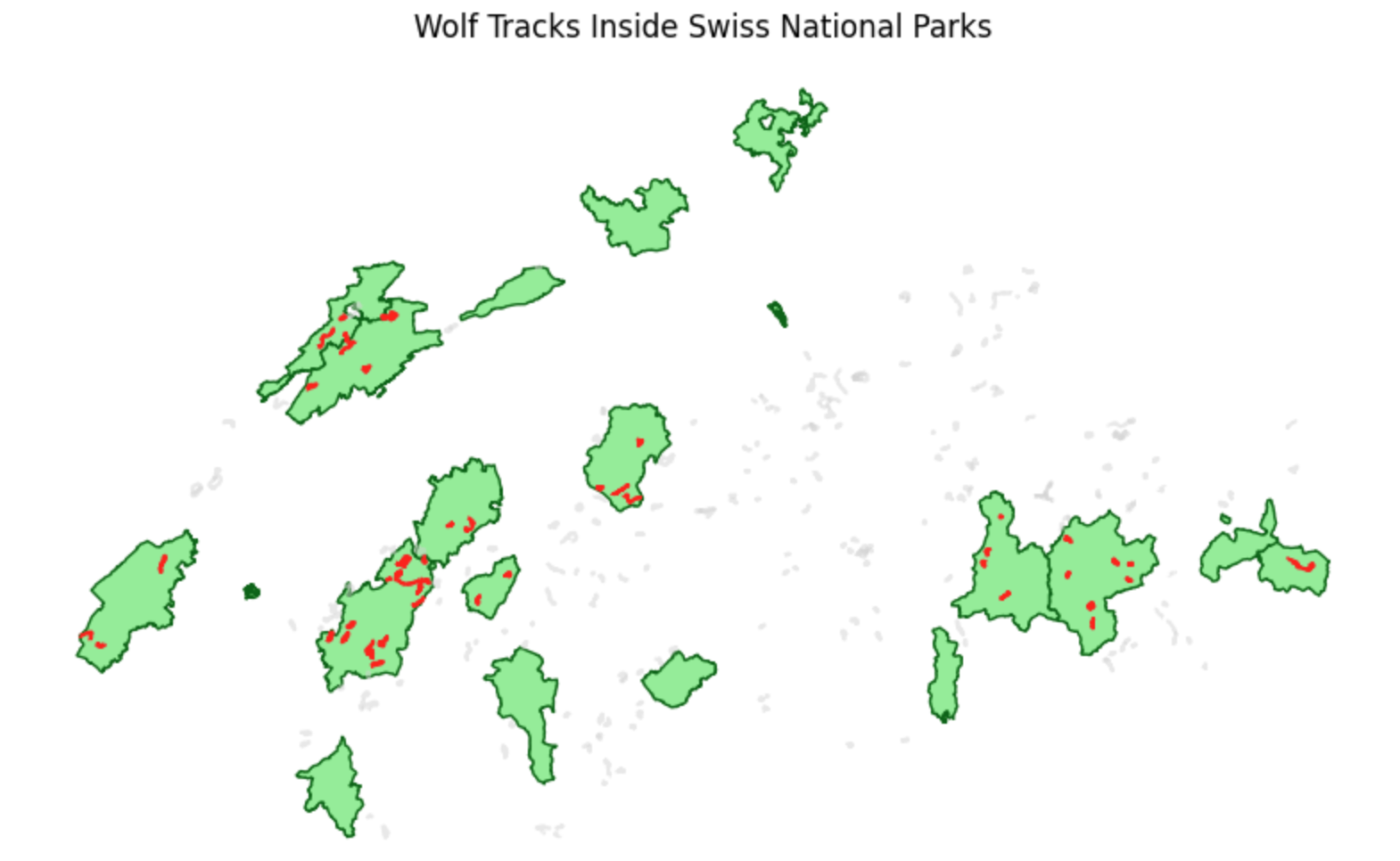A map showing green polygons representing Swiss National Parks. Across the map are light grey lines representing wolf GPS tracks. The segments of tracks that fall perfectly inside the green park polygons are highlighted in bright red.