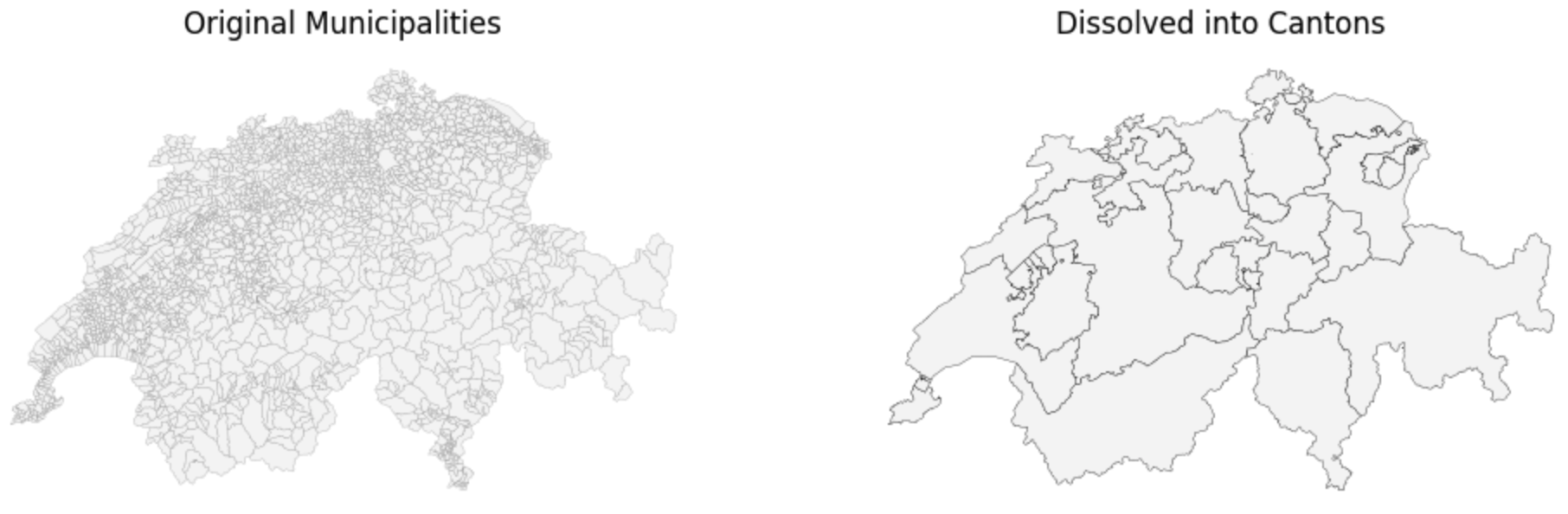 Two side-by-side maps of Switzerland. The left map shows thousands of tiny, fragmented polygons representing individual municipalities. The right map shows large, solid blocks representing the cantons. The internal municipal borders have completely vanished.