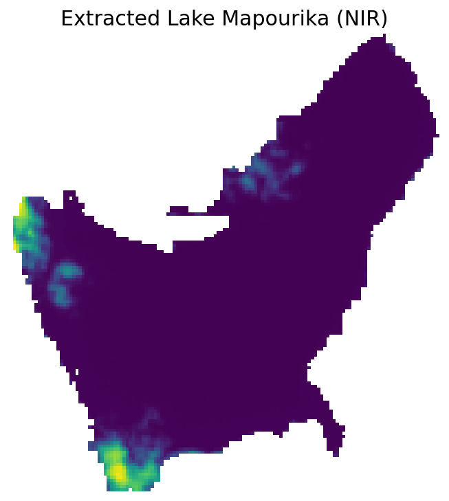 A plot of Lake Mapourika colored in viridis against a transparent white background, confirming the precise extraction of the lake's geometry.