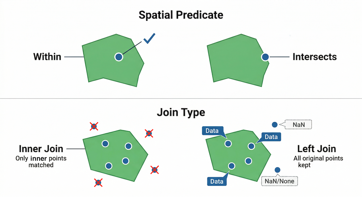 A two-part diagram. The top part contrasts 'Within' (point entirely inside a shape) with 'Intersects' (point touching the shape's border). The bottom part contrasts an 'Inner Join' (drops points outside the shape) with a 'Left Join' (keeps all points, but assigns 'NaN' or missing data to points outside the shape).