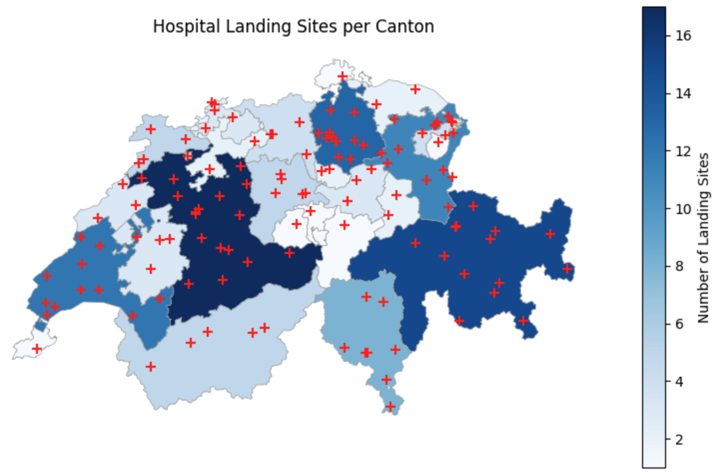 A map of Switzerland showing the cantons shaded in different intensities of blue. Darker blue indicates a higher number of hospital landing sites. Red crosses are overlaid across the map, pinpointing the exact location of each hospital helipad. The canton of Bern is the darkest blue, containing the highest cluster of red crosses.