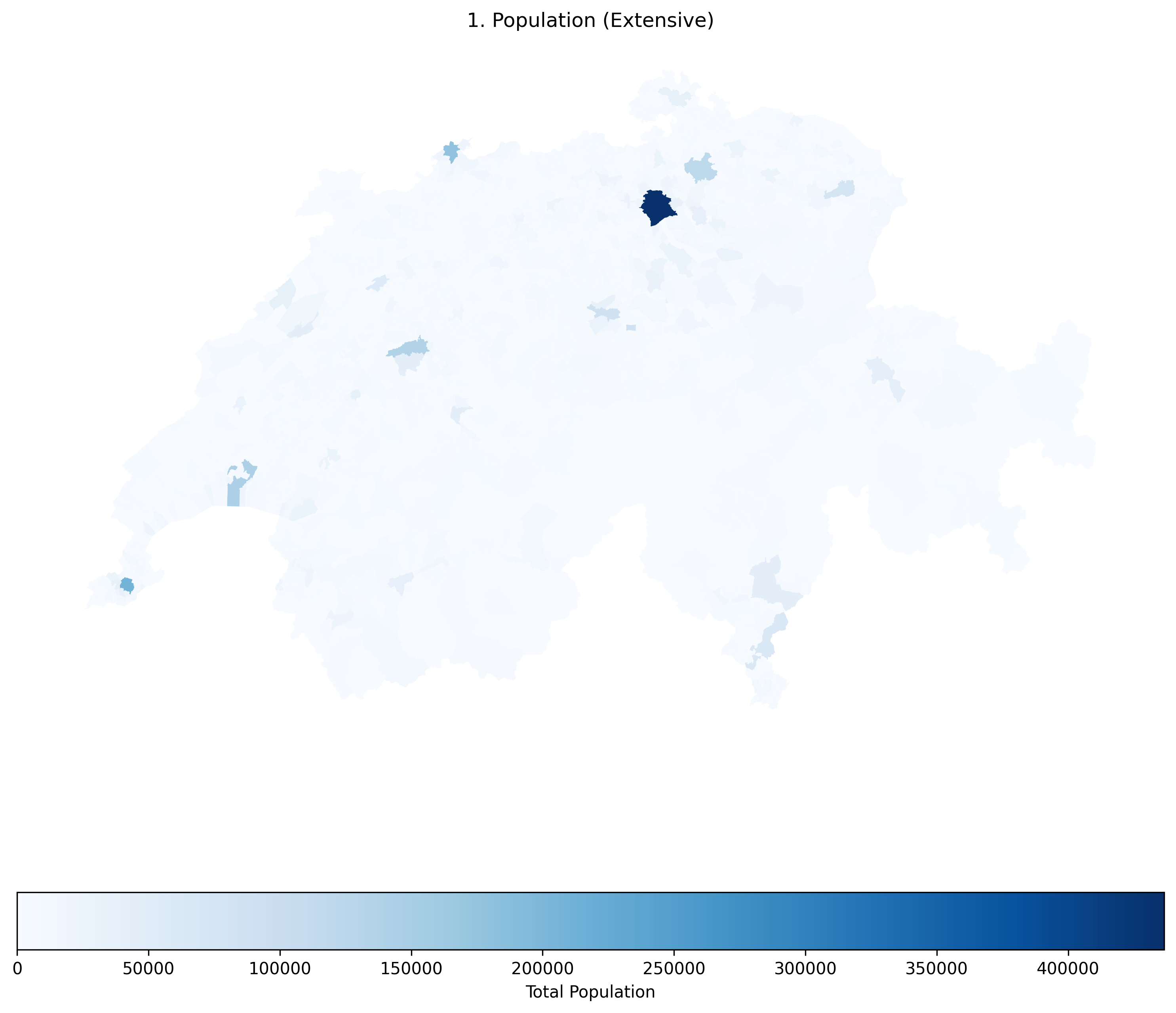 A map of Switzerland showing raw population in blue. Many physically large municipalities appear in medium to dark blue.