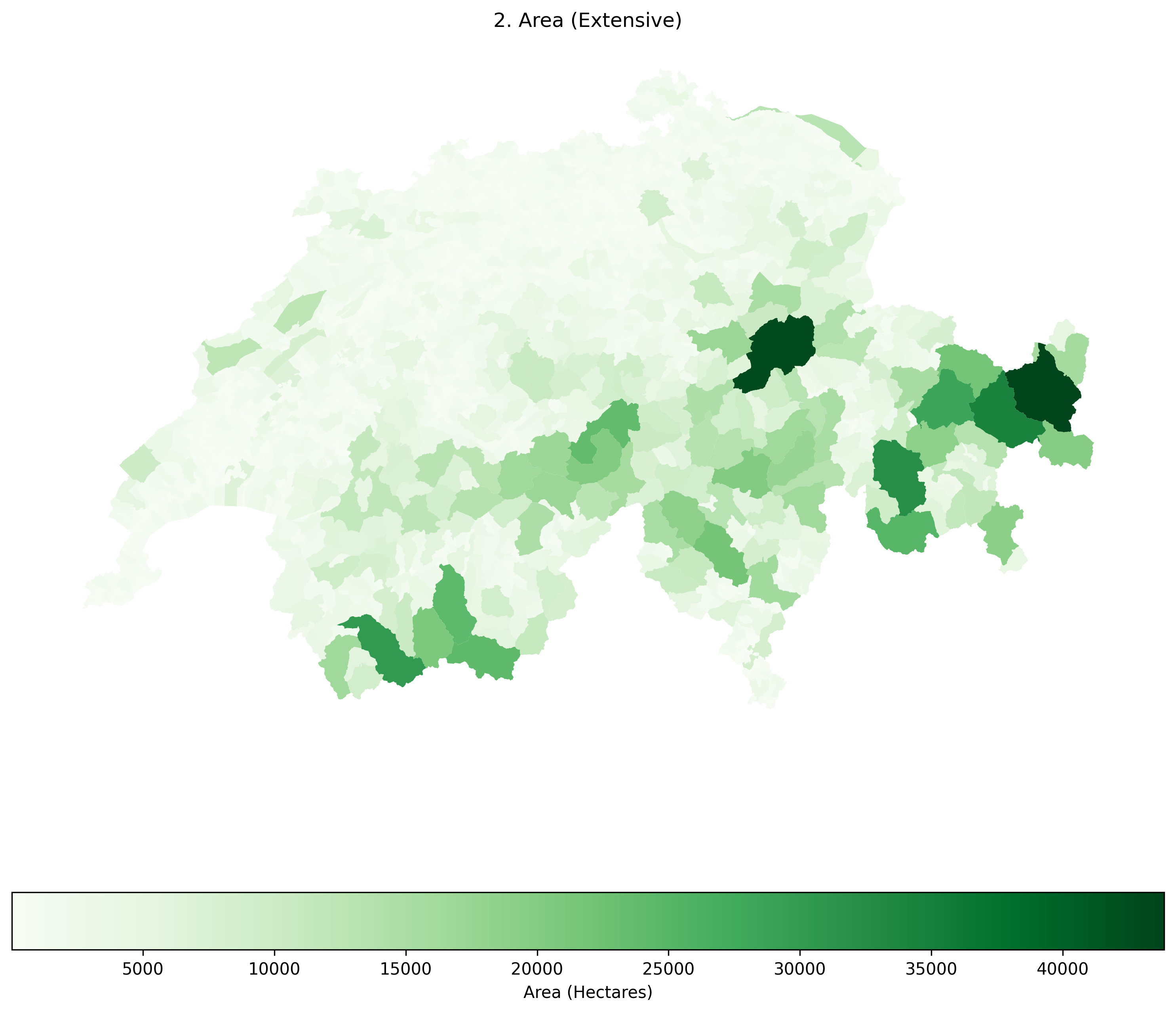 A map of Switzerland showing raw municipal area in green. The spatial pattern of the dark green polygons looks incredibly similar to the dark blue polygons in the previous map.