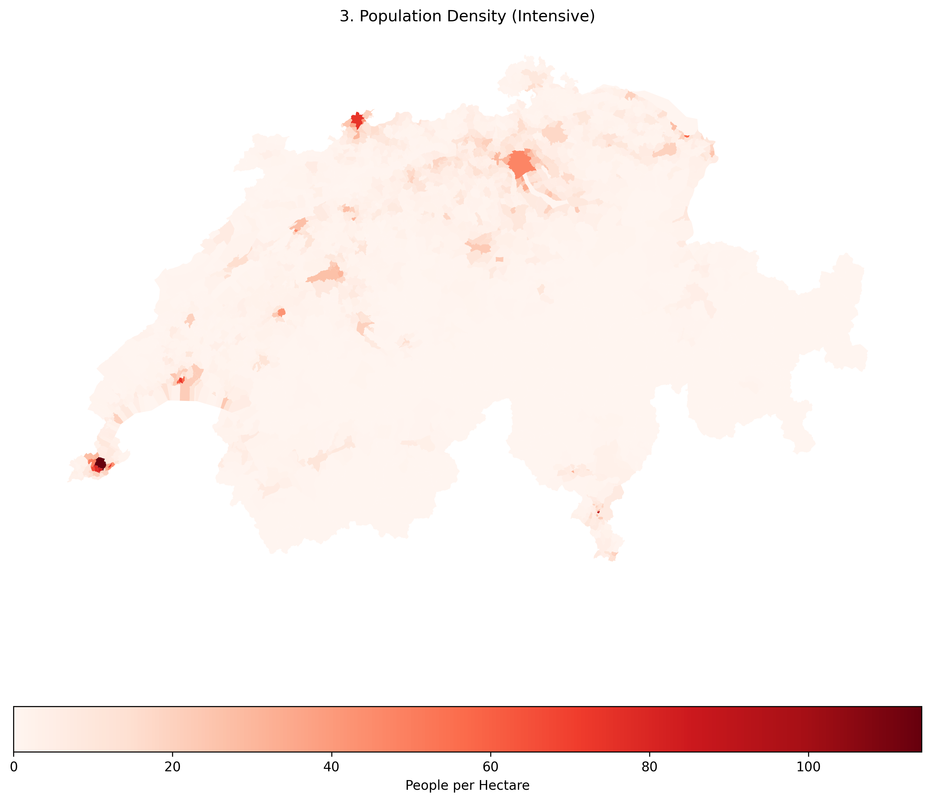 A map of Switzerland showing population density in red. The physically large municipalities are now mostly light red, while tiny municipalities representing major cities like Zurich and Geneva are extremely dark red.