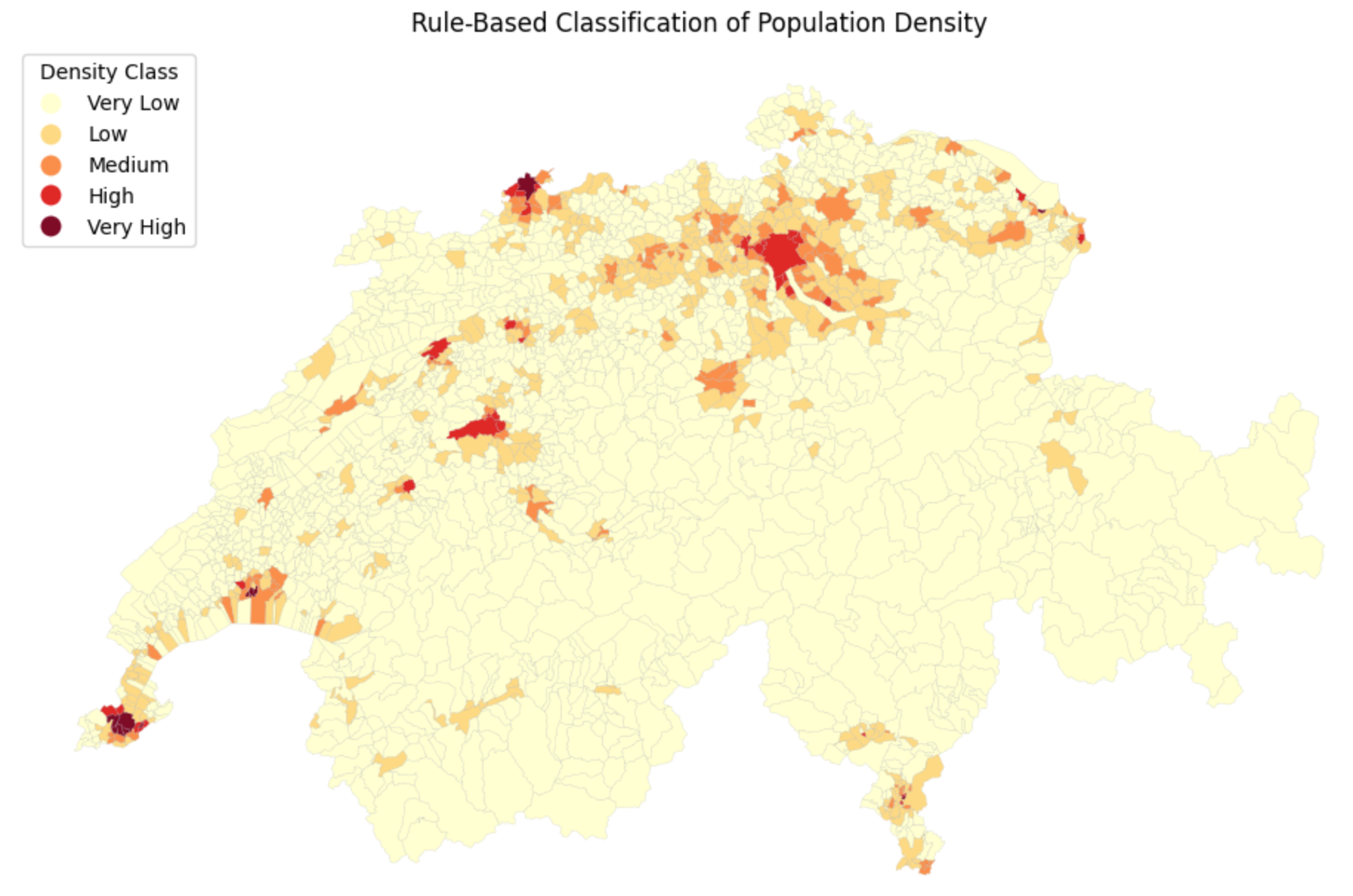 A map of Switzerland showing population density classified into five categories from 'Very Low' to 'Very High'. The map uses a yellow-to-red color ramp, with yellow representing very low density and dark red representing very high density. The legend is correctly ordered from lowest to highest.