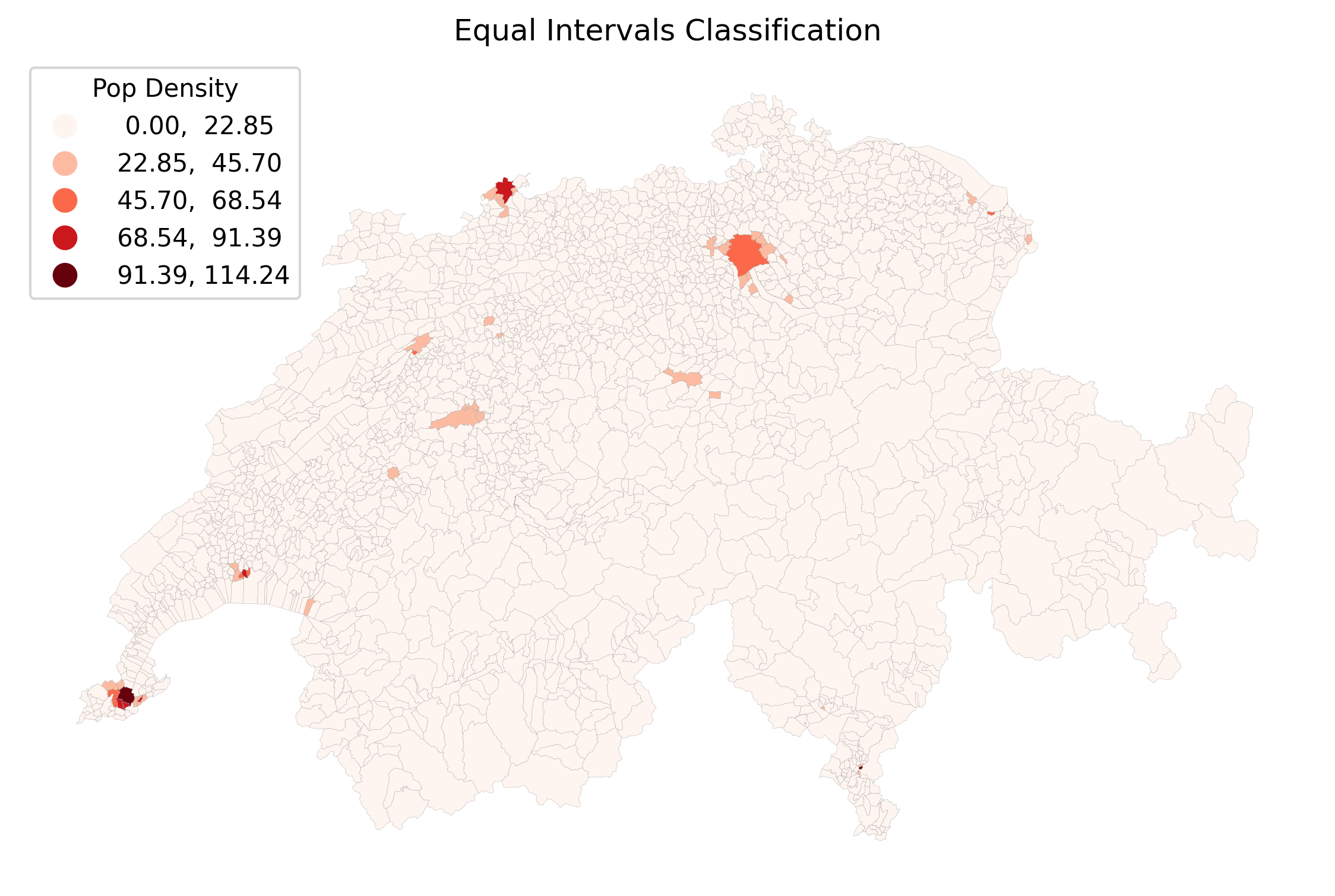 A map of Switzerland showing population density using equal intervals. Almost the entire map is the lightest shade of red, with only a tiny handful of dots appearing in darker red.