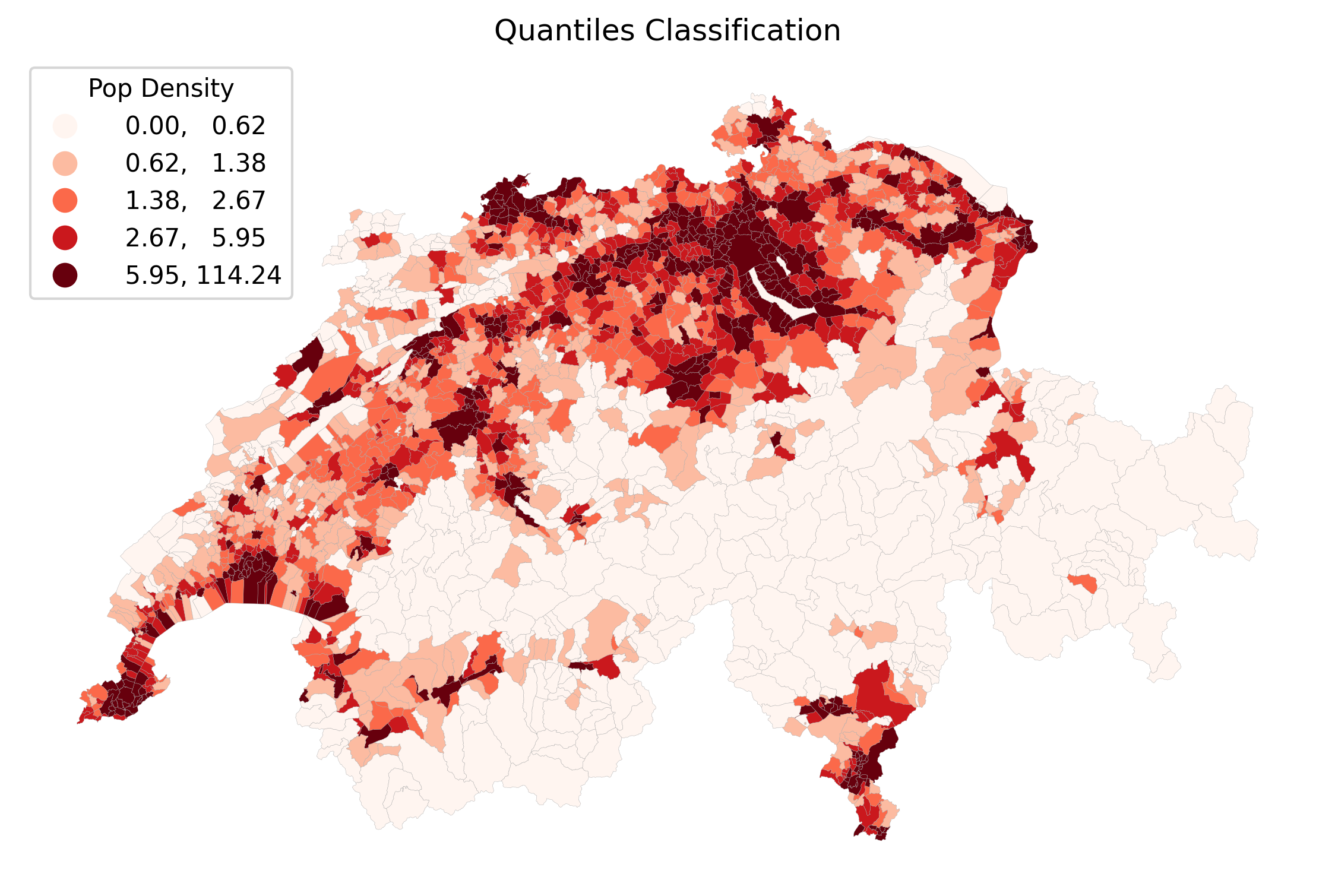 A map of Switzerland showing population density using quantiles. The map is very colorful and balanced, with an equal spread of light, medium, and dark red polygons across the country.