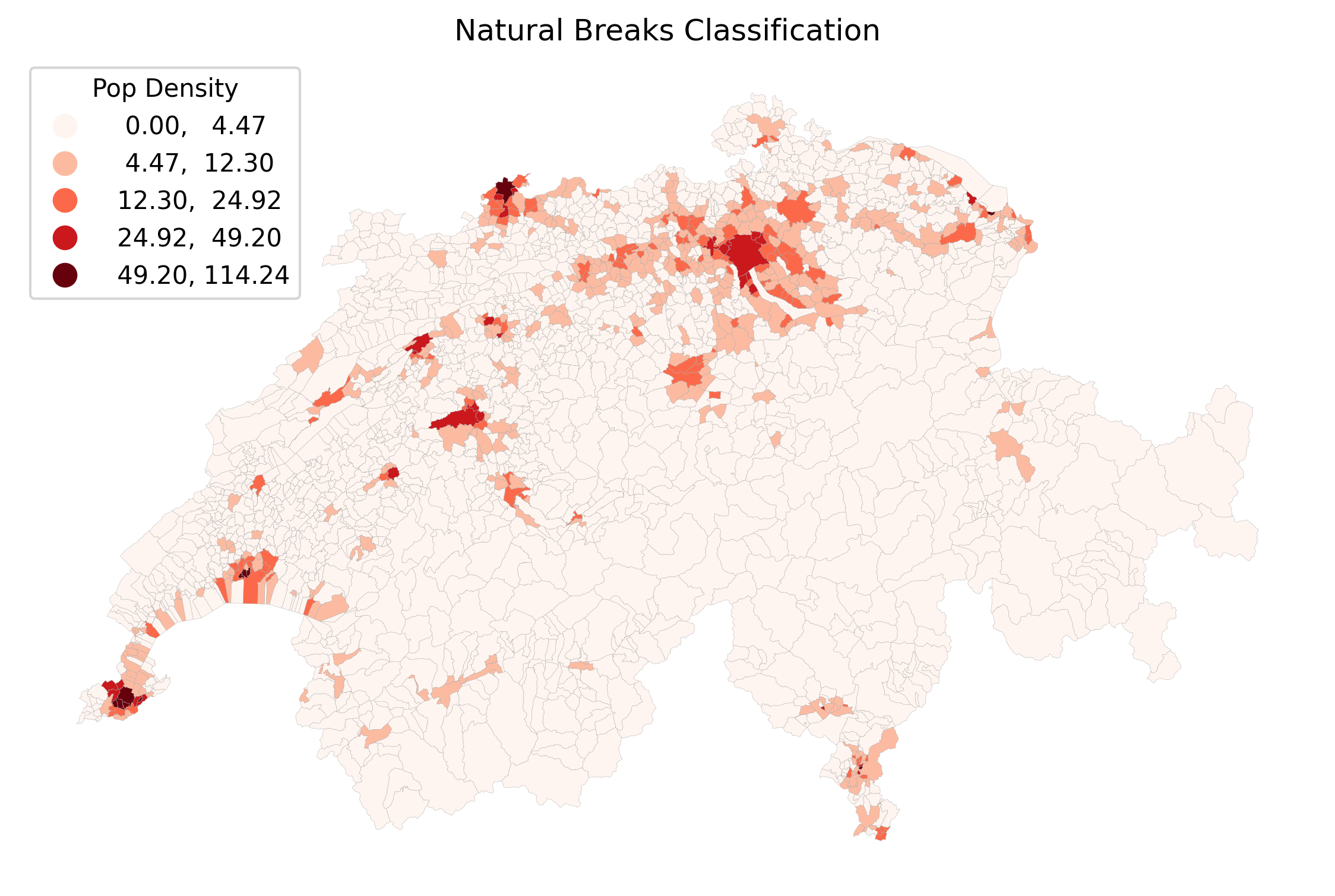 A map of Switzerland showing population density using natural breaks. The map shows a good gradient, highlighting the mid-sized towns in orange and isolating the few major urban centers in dark red.
