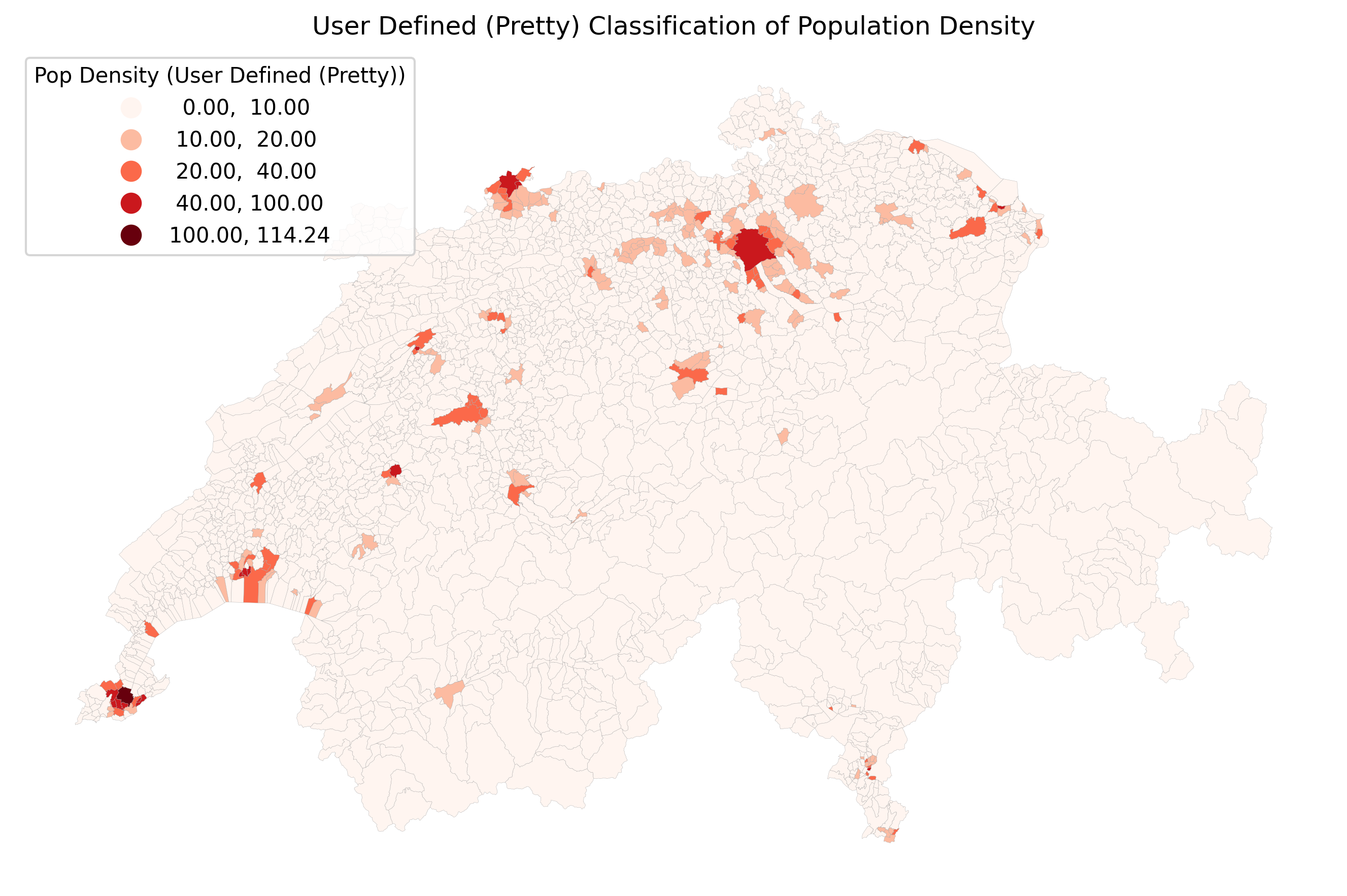 A map of Switzerland showing population density using pretty breaks. The map looks similar to Natural breaks, but the legend contains clean, rounded numbers.