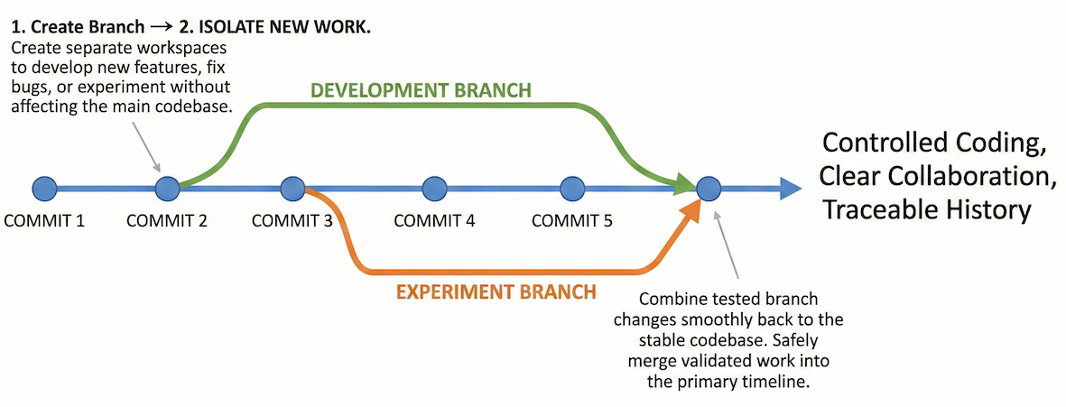 Diagram showing a main Git branch and a parallel experiment branch that merges back.