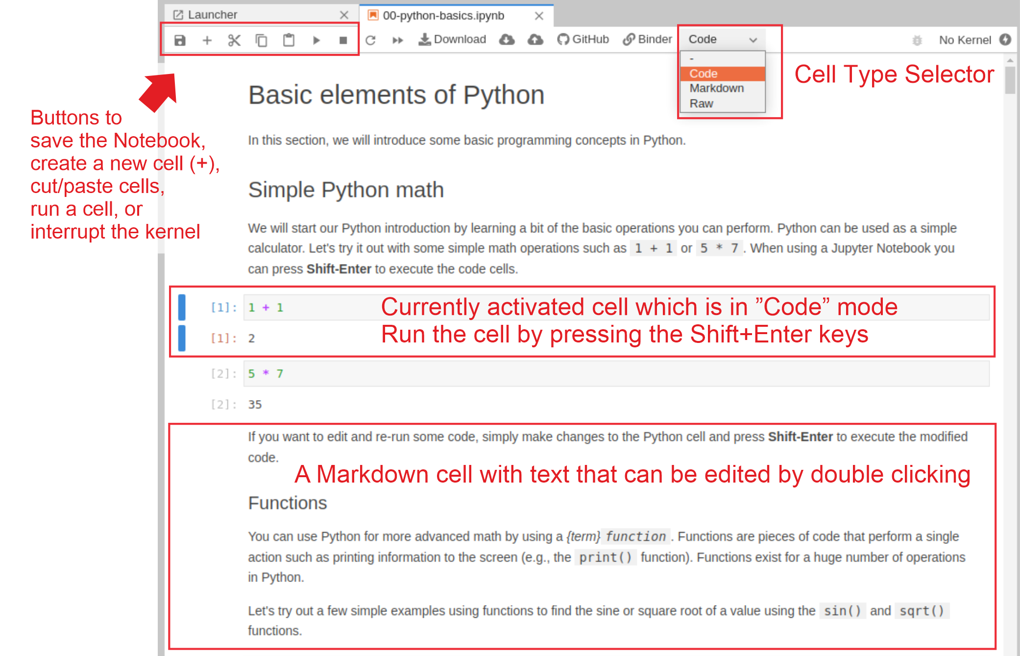The basic components of a Jupyter notebook opened in JupyterLab.