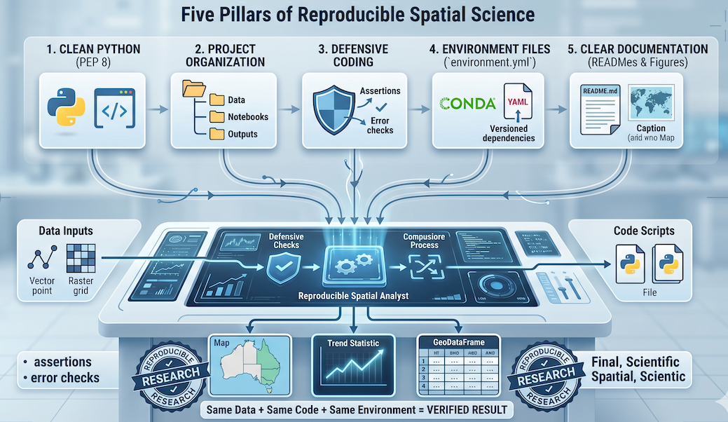 A conceptual diagram showing the five pillars of reproducible spatial science (clean Python, project organization, defensive coding, environment files, and clear documentation) feeding into a central computational workflow to produce a verified result.